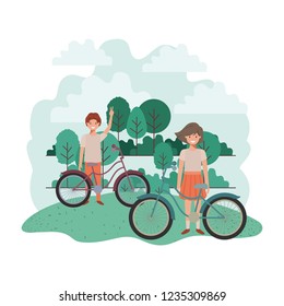 children with bicycle in landscape