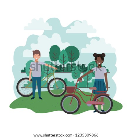 children with bicycle in landscape
