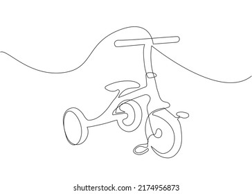 Children bicycle one line art. Continuous line drawing of sport, transportation, childhood, fun, roller, hobby, mobile, cycle, riding, kid, bike, activity, equipment, urban.