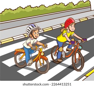 children with bicycles crossing the pedestrian crossing cartoon vector