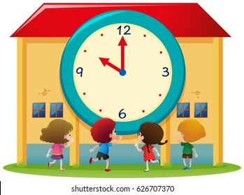 Los niños y el gran reloj en la ilustración escolar