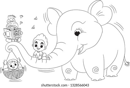 The children and the big elephant.Hand drawn vector illustration.For cartoon animals illustration,animals coloring,children book illustration,pattern,decoration,clip arts,wallpaper,background.