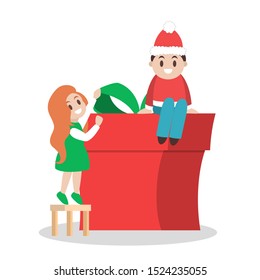 Children with a big gift box. Prepare christmas present with red package. Cute surprise. Isolated vector illustration in flat style