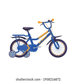 Children bike cartoon symbol or icon, flat vector illustration isolated on white background. Kids bicycle with extra side pedals in yellow and blue colors.