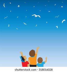 Children and birds in the sky. Childhood. Illustration, elements for design.