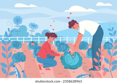 Children birth background with happy mum and dad find baby in cabbage flat vector illustration