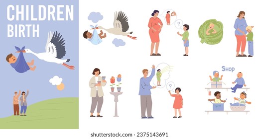 Children birth composition set of parents babies in cabbage store flowers and stock carrying newborn isolated vector illustration