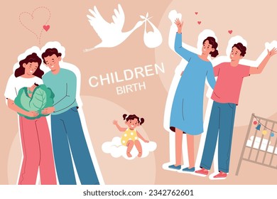 Children birth flat collage with happy parents baby in cabbage flying stork on color background vector illustration