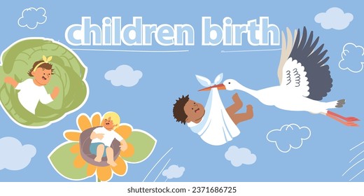 Children birth flat collage with kids in cabbage magic flower carried by stork on blue background with clouds vector illustration