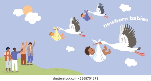 Children birth flat concept with parents meet storks delivering babies vector illustration