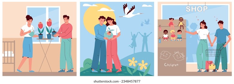 Children birth flat concept set with babies growing in flowers delivered by stork and parents taking them from shop isolated vector illustration