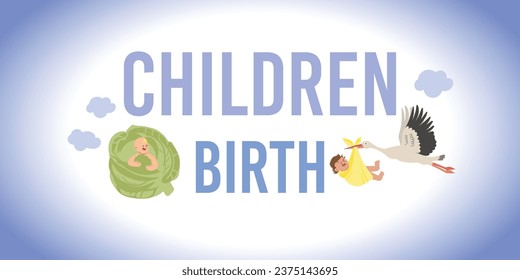 Children birth flat horizontal text banner with stock carrying newborn and baby sitting in cabbage on gradient background vector illustration