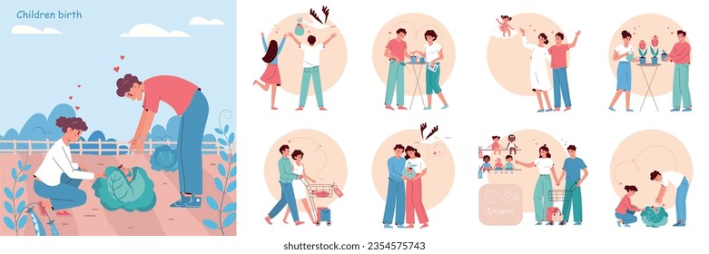 Children birth funny composition set with parents finding babies in cabbage flowers taking from shop stork delivering newborn isolated flat vector illustration