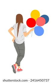 Children birthday animator girl with balloons vector illustration isolated on white background. Woman walking with balloons entertainment. Celebration female event. Handsome lady party fun with gifts.