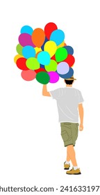 Children birthday animator man with balloons vector illustration isolated on white background. Boy walking with balloons entertainment. Celebration event.