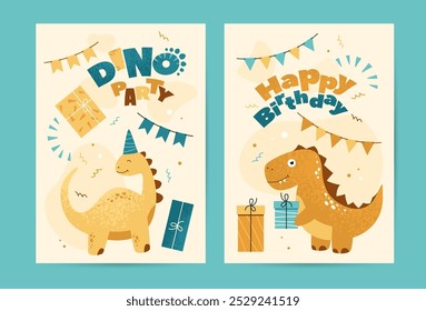 Children birthday card. Cute dinosaurs with gift boxes. Dino lettering quotes. Vector illustration template