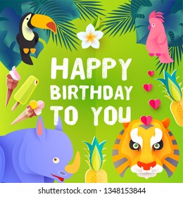 Children Birthday Design Template. Exotic Jungle Animals. Papercraft. Vector illustration