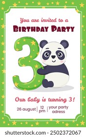 Invitación de cumpleaños para niños con oso panda lindo con número 3. Cartel del partido de los niños con el animal.