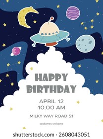 Children birthday invitation template. Space illustration in flat doodle style. UFO launching concept for banner, poster or card. Colorful composition for kids