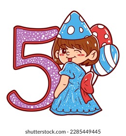 Children birthday number five vector illustration. Adorable kids birthday party.