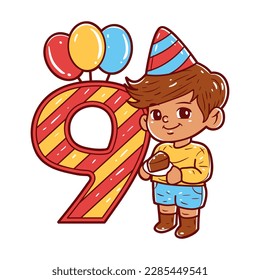 Children birthday number nine vector illustration. Adorable kids birthday party.