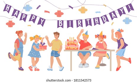 Children Birthday party banner or poster template with cartoon kids having fun, flat vector illustration. Background or layout of invitation or greeting card for children Birthday celebration.