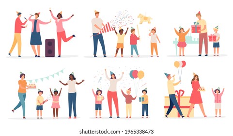 Children at birthday party. Happy kids with cake, gift, confetti and balloon. Family and friends celebrate holiday or anniversary vector set. Parents singing karaoke, girl getting presents