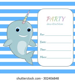 Children birthday party invitation card template Baby narwhal with rainbow horn on blue striped pattern background for sea party invite, nautical theme party, kids party invitation