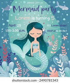 Children birthday party invitation with mermaid, sea and water plants. Vector illustration