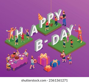 Children birthday party isometric composition with festive table and kids during various fun activities 3d vector illustration