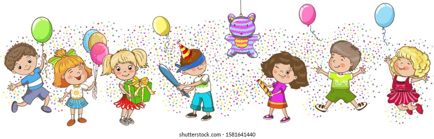 Children birthday party. Kids celebration. Play pinata.