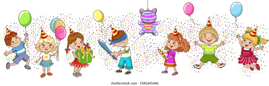 Children birthday party. Kids celebration. Play pinata.