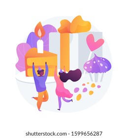 Children birthday party. People celebrating anniversary. Kids in festive birthday caps dancing and having fun. Decoration, present, confetti. Vector isolated concept metaphor illustration