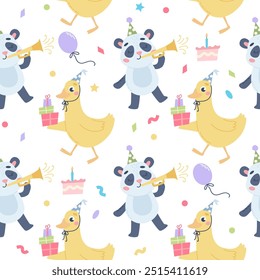 Children birthday pattern. Cute panda and goose with party hat. Vector illustration template