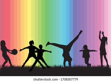 Children black silhouettes in nature.