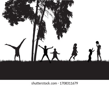 Children black silhouettes in nature.