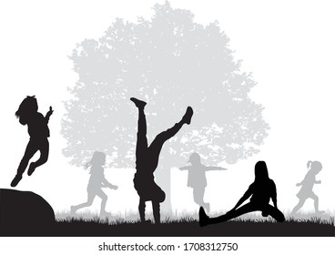 Children black silhouettes in nature.