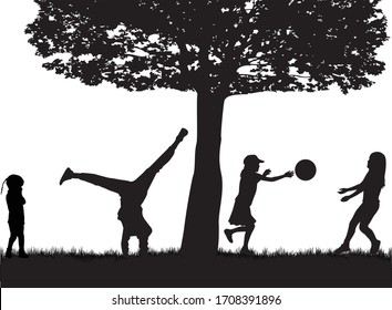 Children black silhouettes in nature.