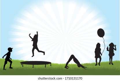 Children black silhouettes in nature.