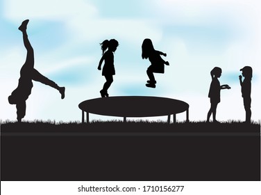 Children black silhouettes in nature.