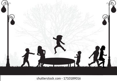 Children black silhouettes in nature.