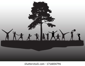 Children black silhouettes in nature.