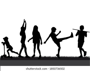 Children black silhouettes in nature. 