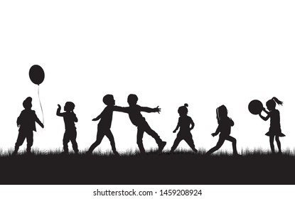 Children black silhouettes in nature. Vector.
