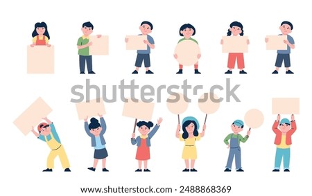 Children with blank placards. Flat kids express their opinion and holding empty banners different shapes. Cute tiny ad characters, kindergarten recent vector set