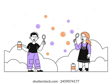 Children blow bubbles simple. Boy and girl with colorful balls at street in sunny day. Entertainment, fun and leisure. Friends speding time together outdoors. Doodle flat vector illustration