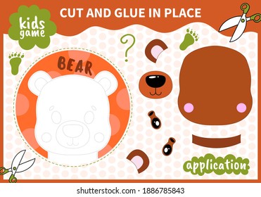 Children board animal applique game cut and glue in place for preschoolers and primary school students worksheets.Page read and match for kids educational book.Vector cartoon style.