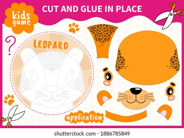 Children board animal applique game cut and glue in place for preschoolers and primary school students worksheets.Page read and match for kids educational book.Vector cartoon style.