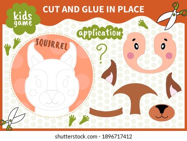 Children board animal applique game cut and glue in place for preschoolers and primary school students worksheets.Page read and match for kids educational book.Vector cartoon style.