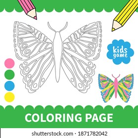 Children board coloring page game for preschoolers and primary school students worksheets,kindergarten.Page for kids educational book.Cute insrct butterfly.Vector cartoon style.